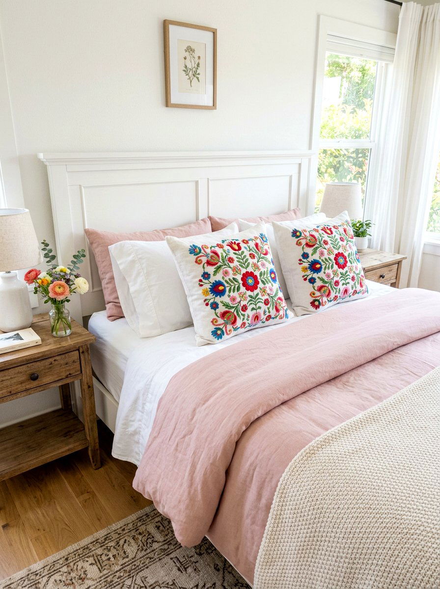 Embroidered Throw Pillows - 30 spring bedroom glow up ideas