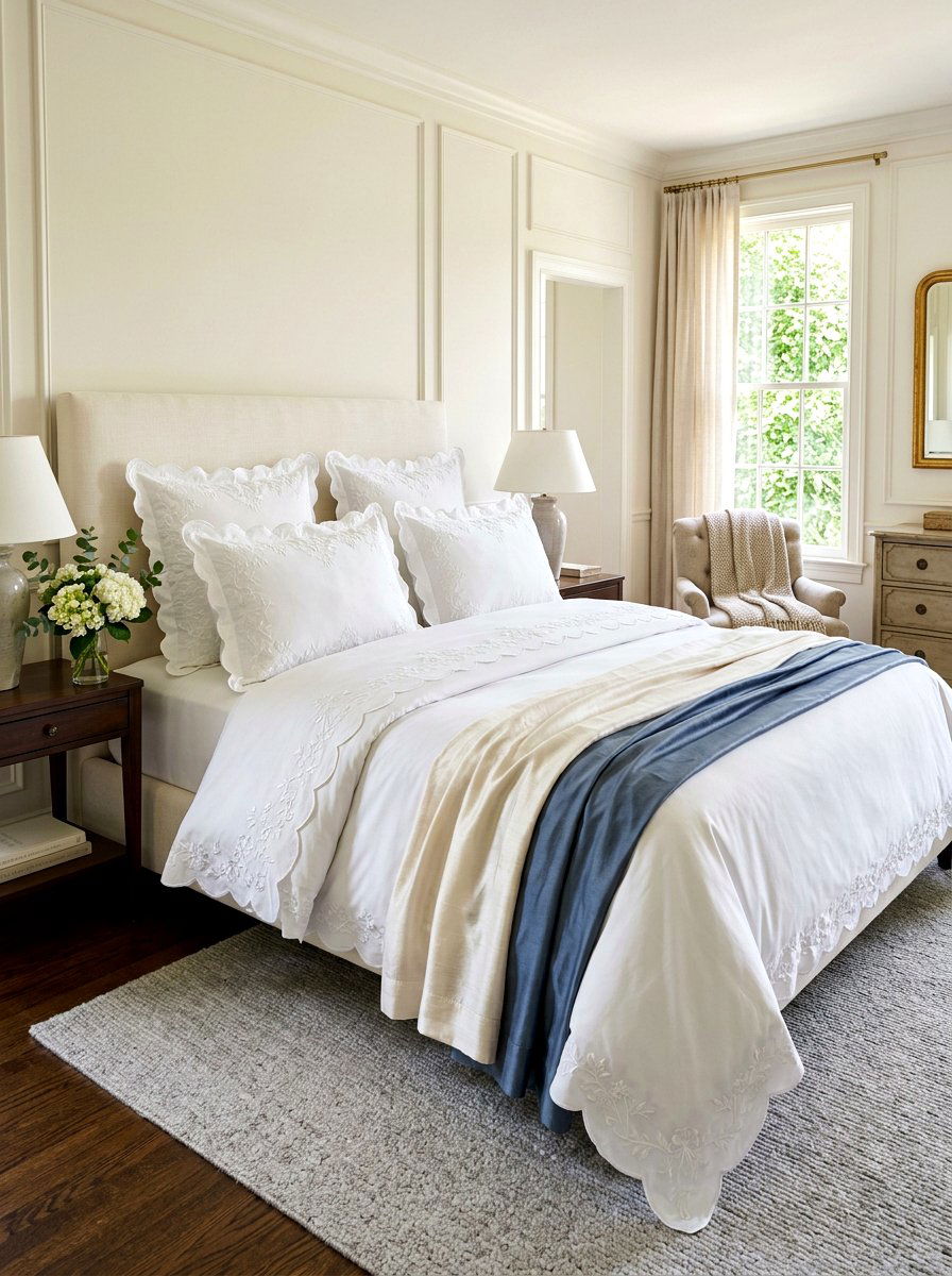 Embroidered White Scalloped Pillow Room - 30 scalloped pillow bedding ideas