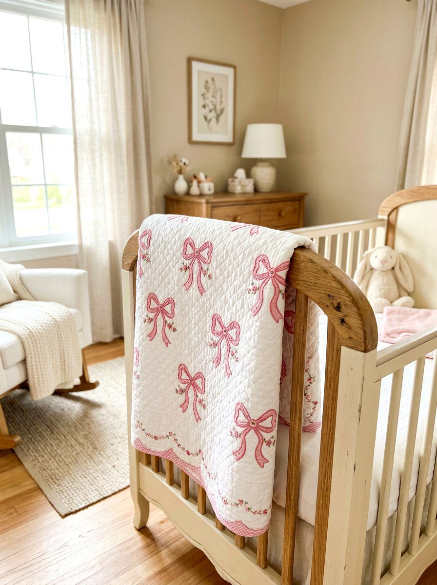 Embroidered bow quilt - 30 bow nursery decor ideas