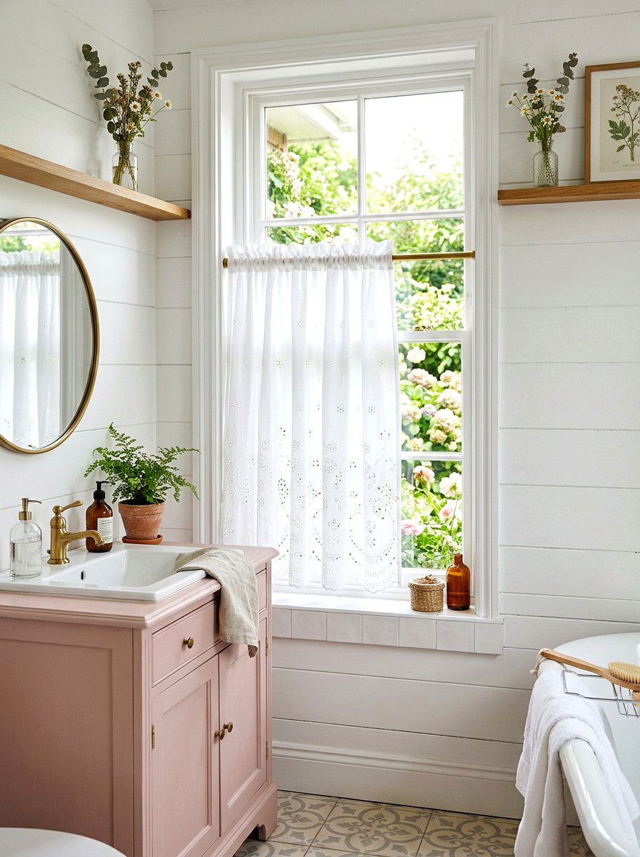 Embroidered eyelet cafe curtain bathroom - 30 cafe curtain bathroom ideas