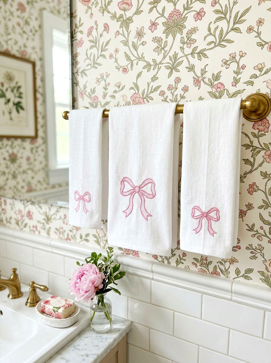Embroidered hand towel set - 30 coquette bathroom ideas