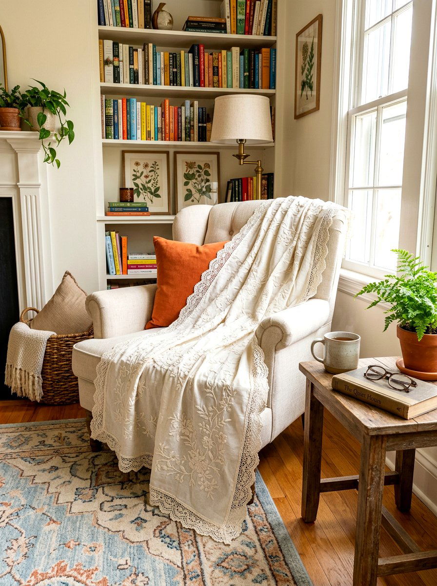 Embroidered lace throw blanket - 30 cottage lace bedroom ideas