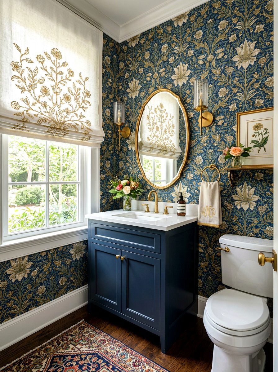 Embroidered powder room shades - 30 roman shade ideas