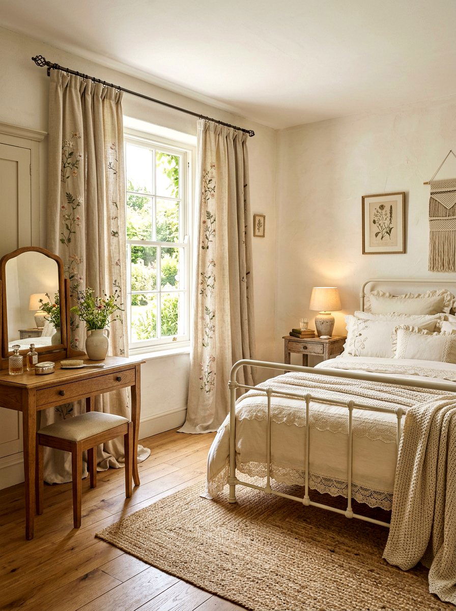 Embroidered puddled linen curtains - 30 puddled curtains bedroom ideas