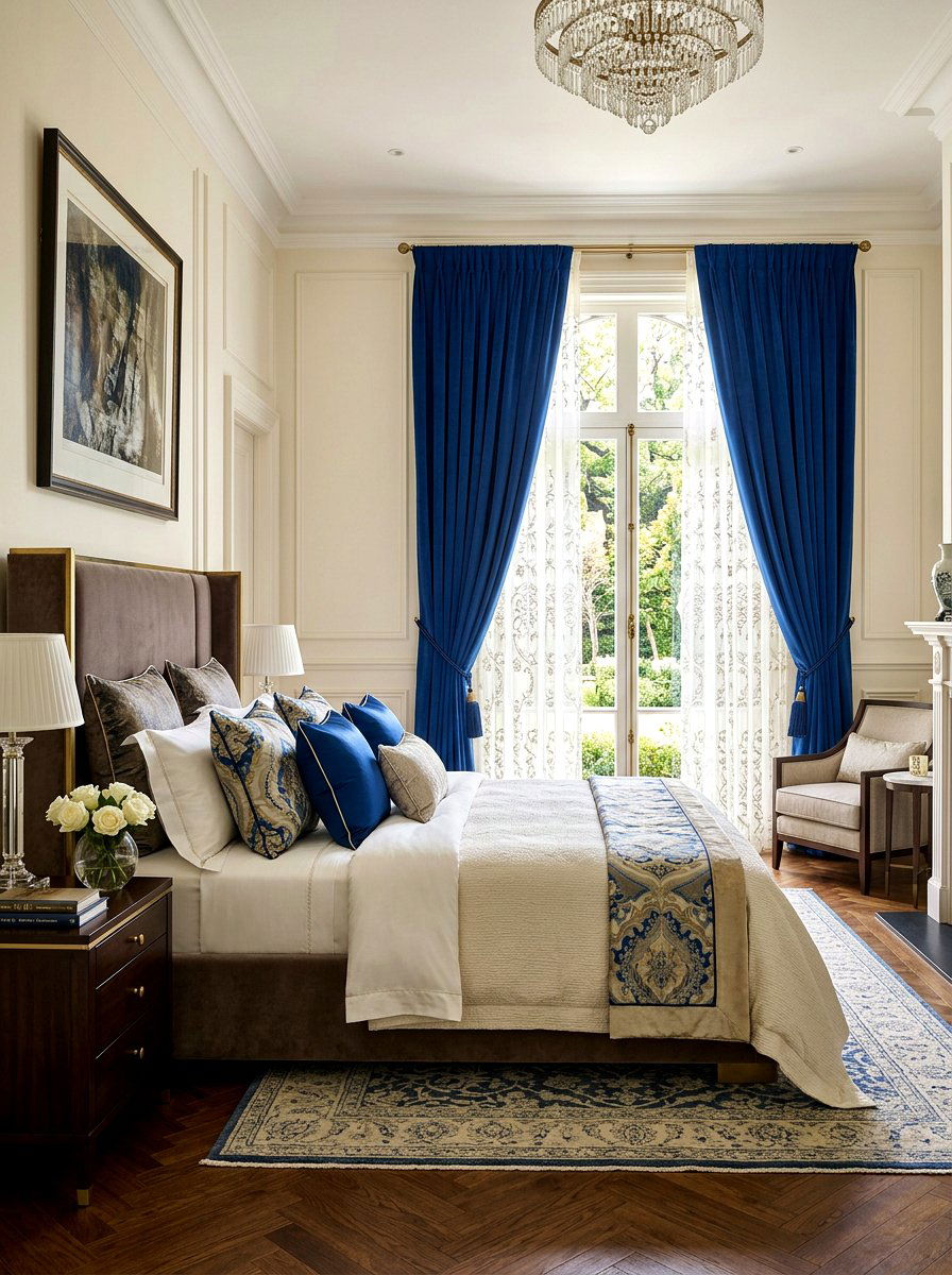 Embroidered sheers under solid velvet curtains - 30 bedroom curtain layering ideas