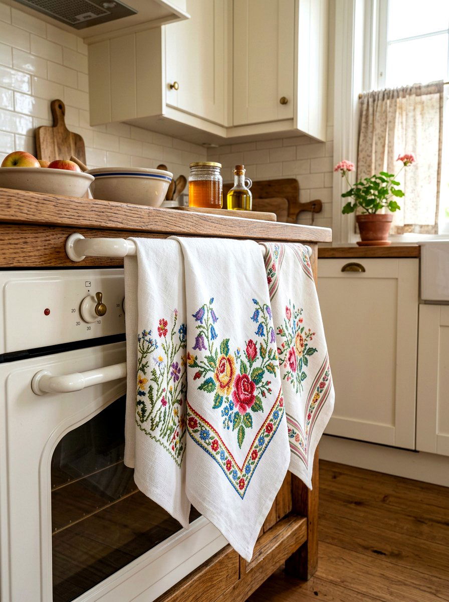 Embroidered tea towels - 30 grandma core kitchen ideas
