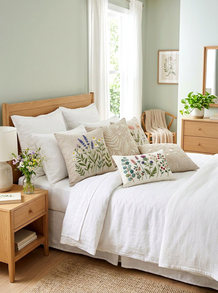 Embroidered throw pillows - 30 romantic cottage bedroom ideas