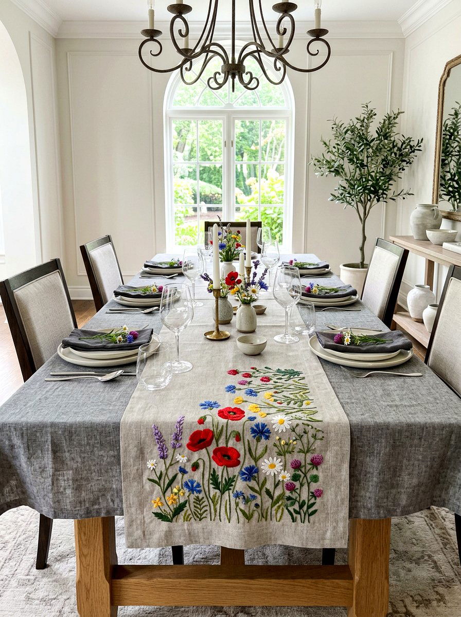 Embroidered wildflower table runner - 30 floral table runner ideas
