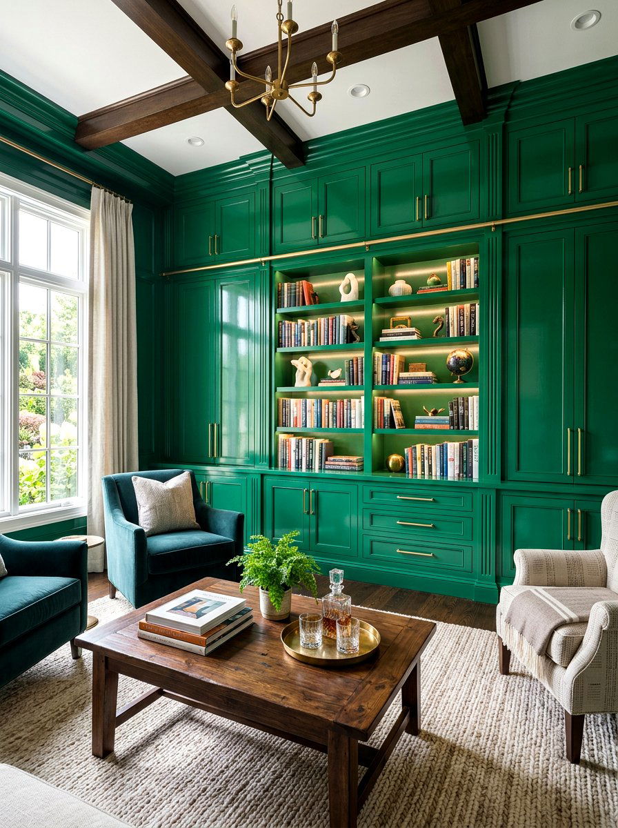 Emerald Green Built In Cabinets - 30 moody library living room ideas