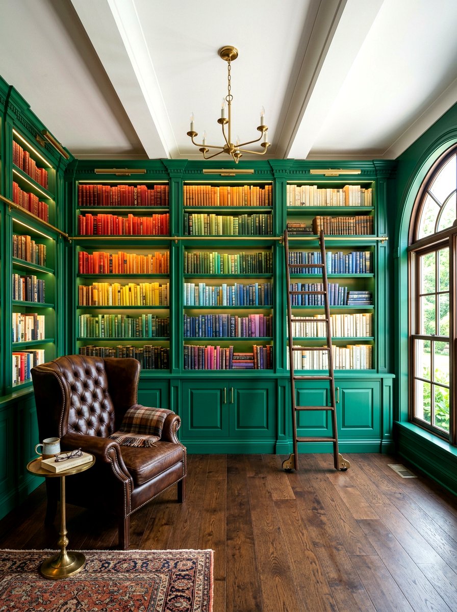 Emerald Green Built In Shelves - 30 dark green living room ideas