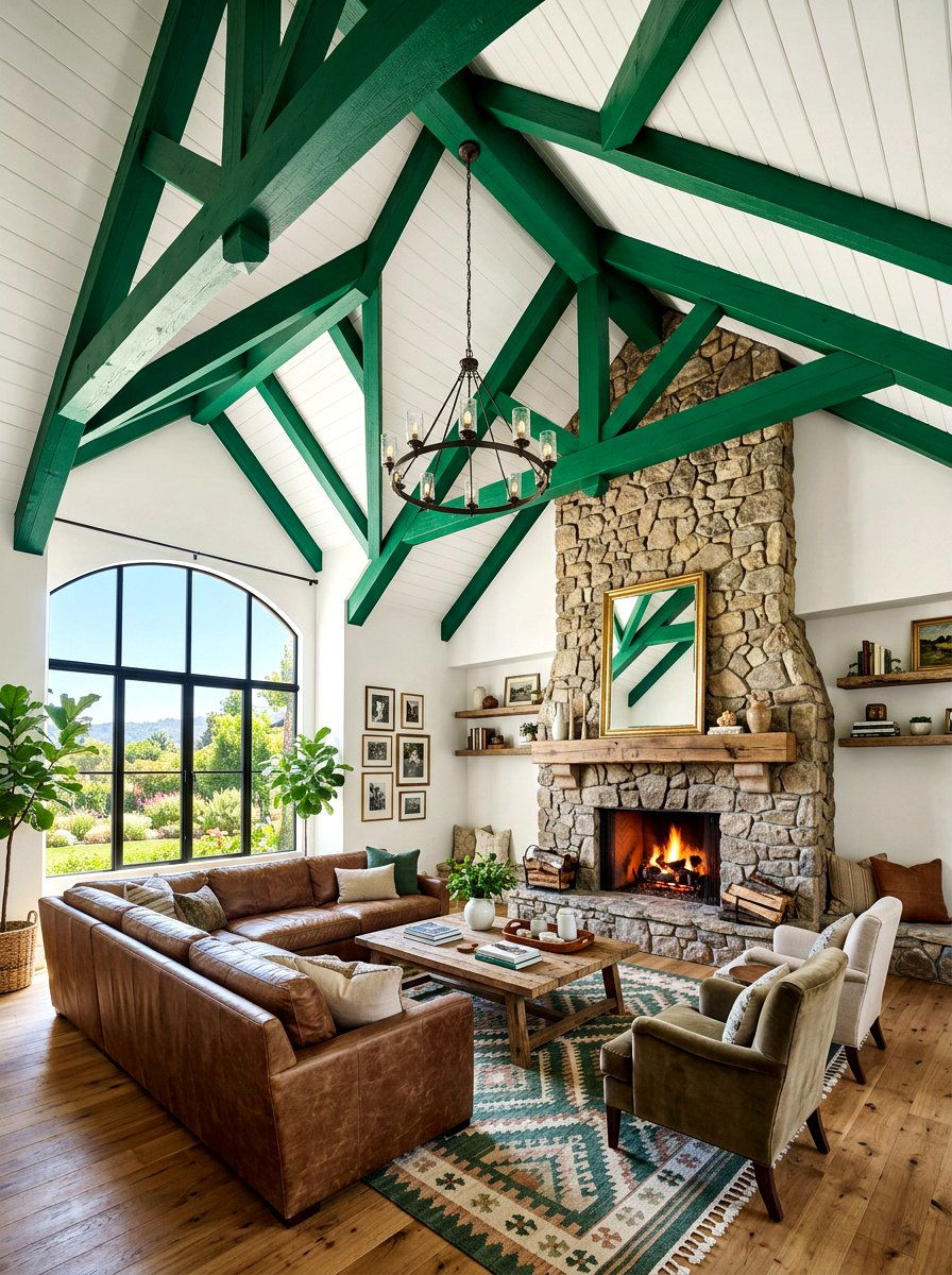 Emerald Green Ceiling Beams - 30 dark green living room ideas