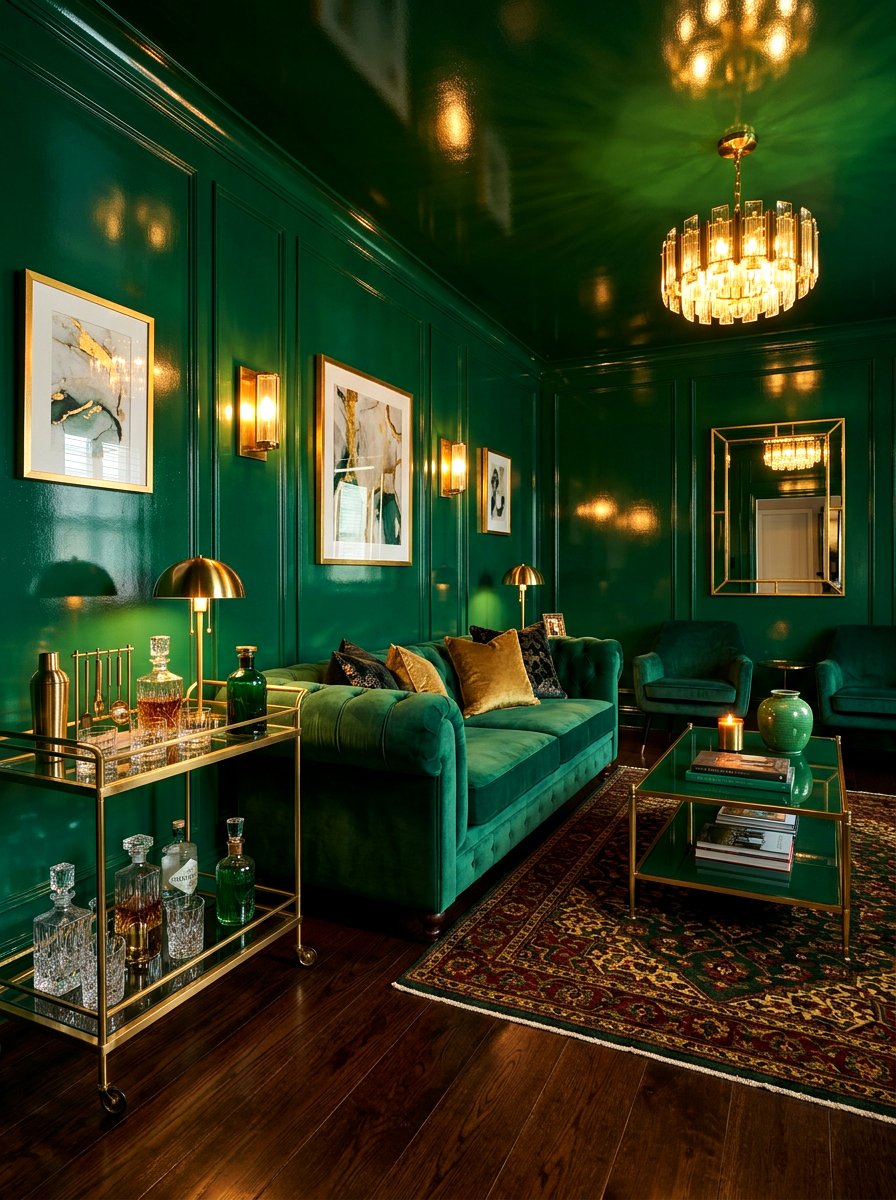 Emerald Green Gloss Lounge - 30 lacquered room ideas