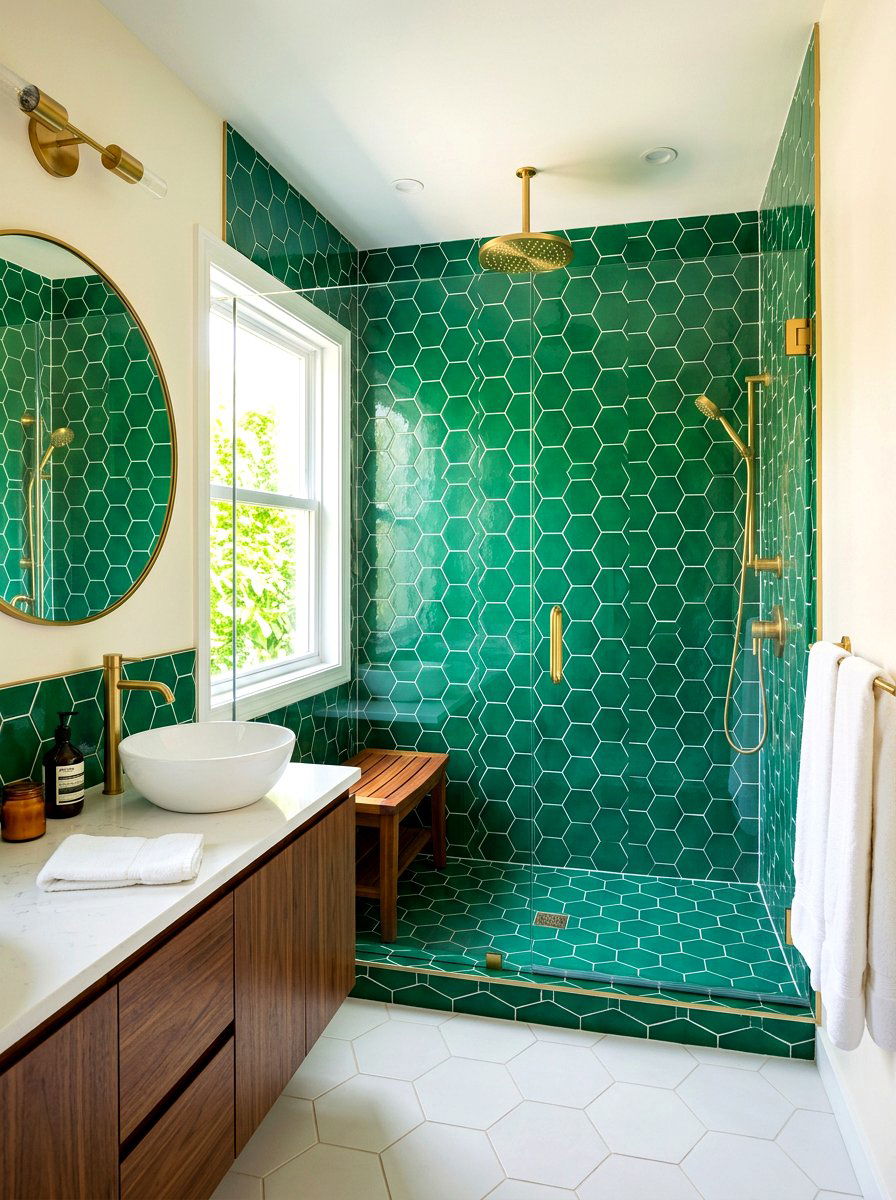 Emerald Green Hex Tile Bathroom - 30 hex tile bathroom ideas