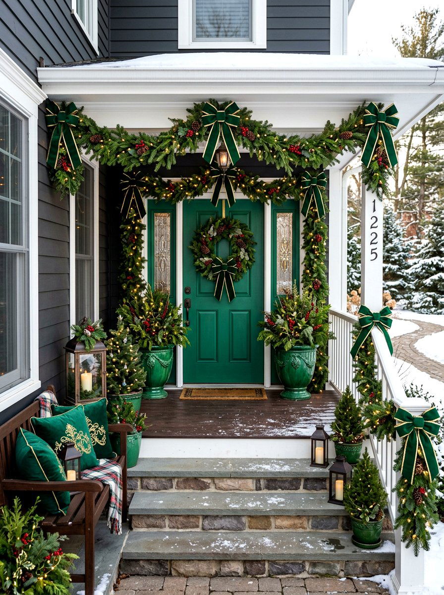 Emerald Green Holiday Porch Display - 30 jewel tone holiday decor ideas