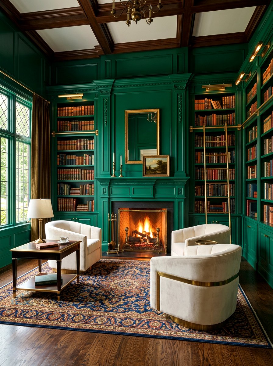Emerald Green Library Fireplace - 30 fireplace reading nook ideas