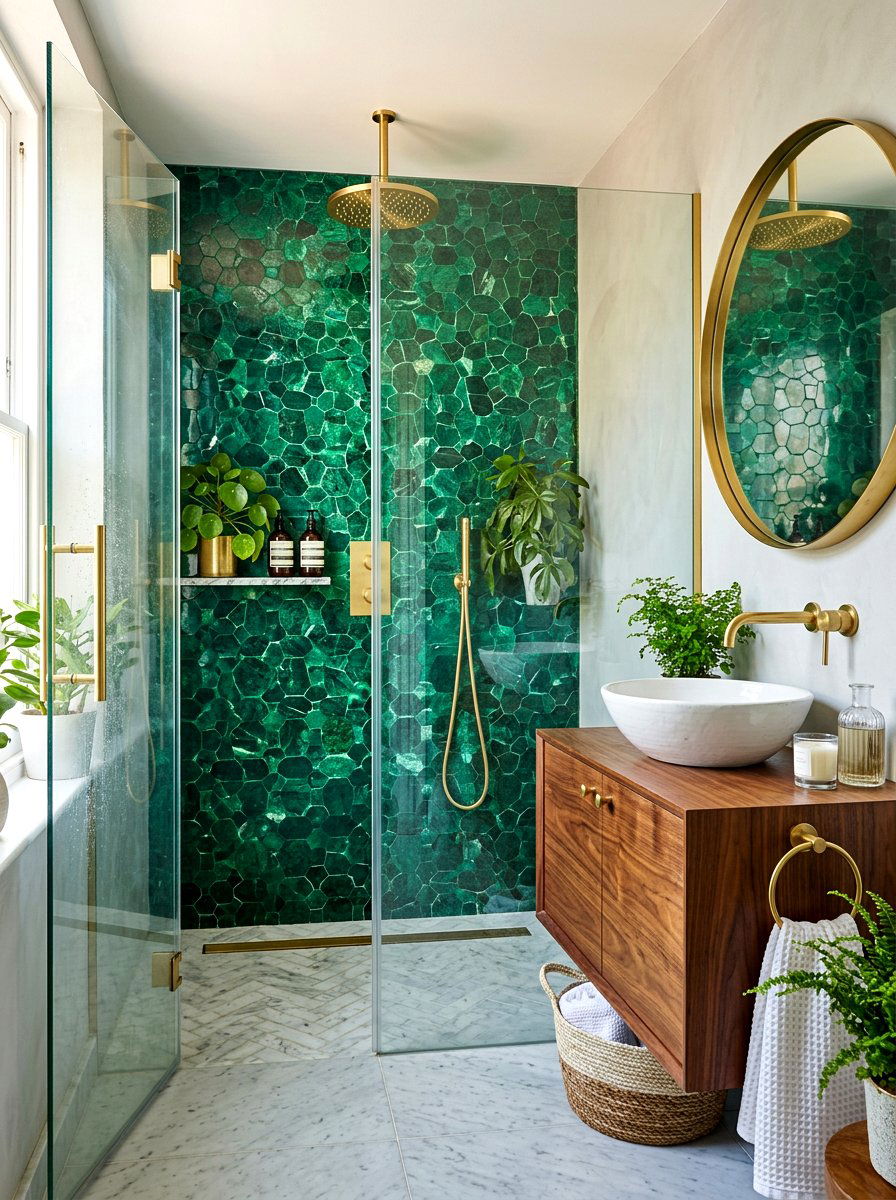 Emerald Green Marble Mosaic Accent - 30 marble mosaic bathroom ideas