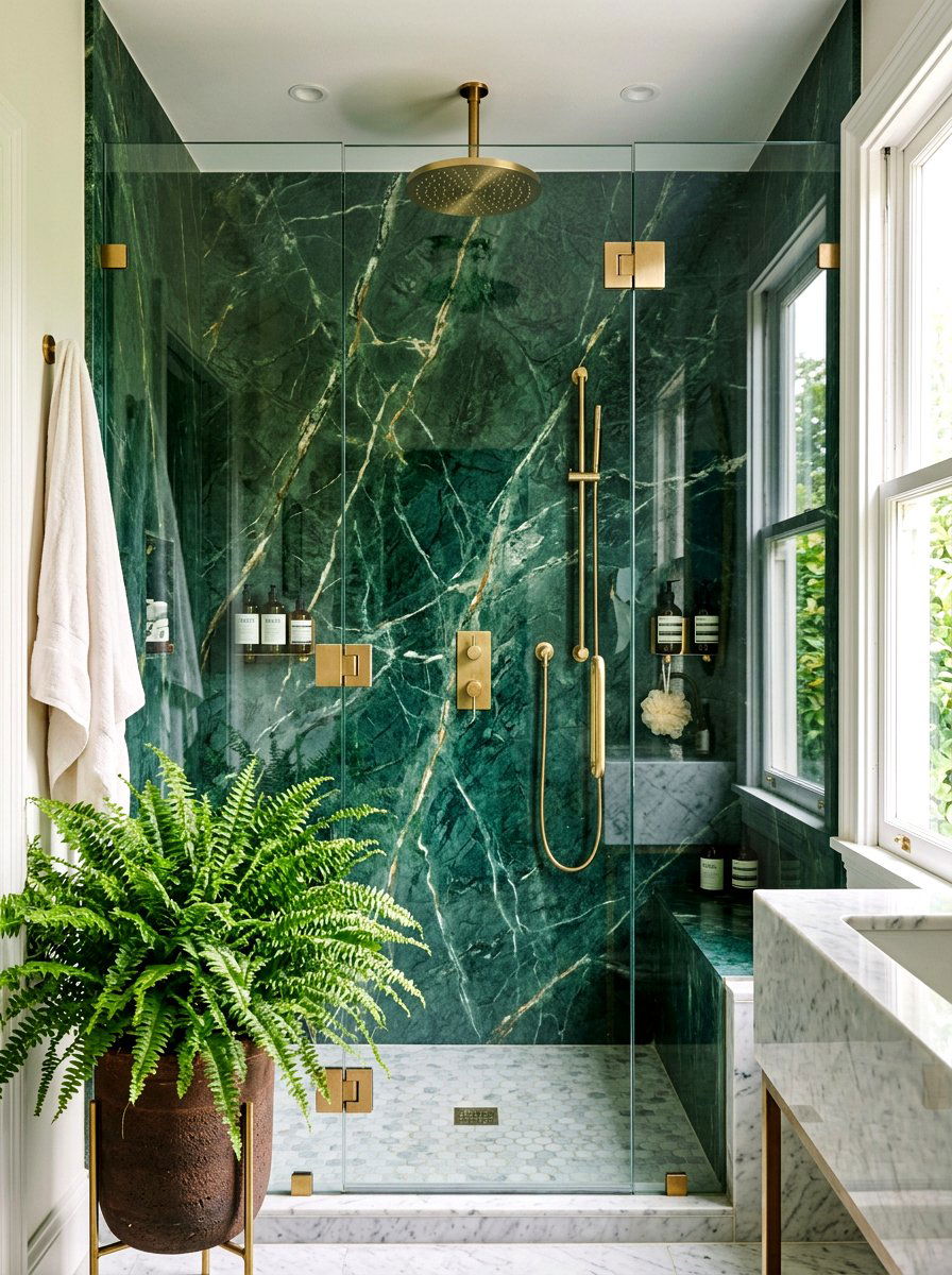 Emerald Green Marble Shower - 30 stone slab shower wall ideas