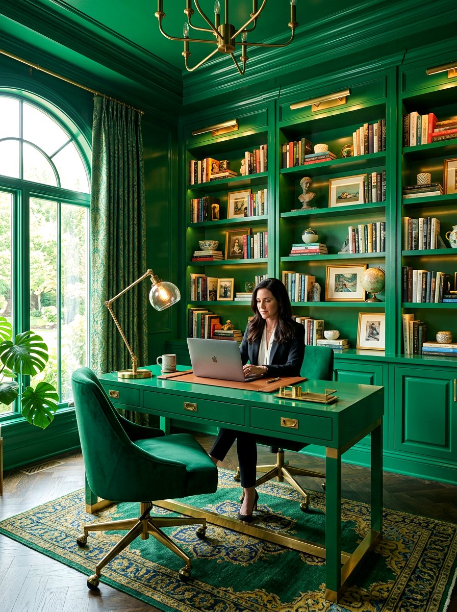 Emerald Green Office - 30 color drenched office ideas