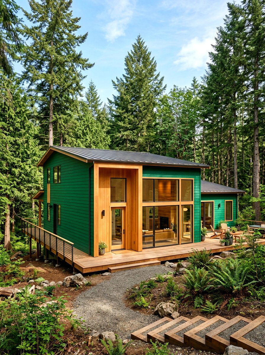 Emerald Green Siding With Light Wood Siding - 30 mixed siding exterior ideas