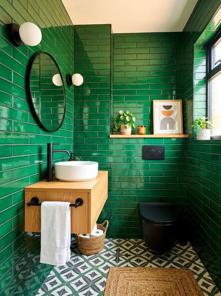 Emerald Green Tiles - 30 dark powder room ideas