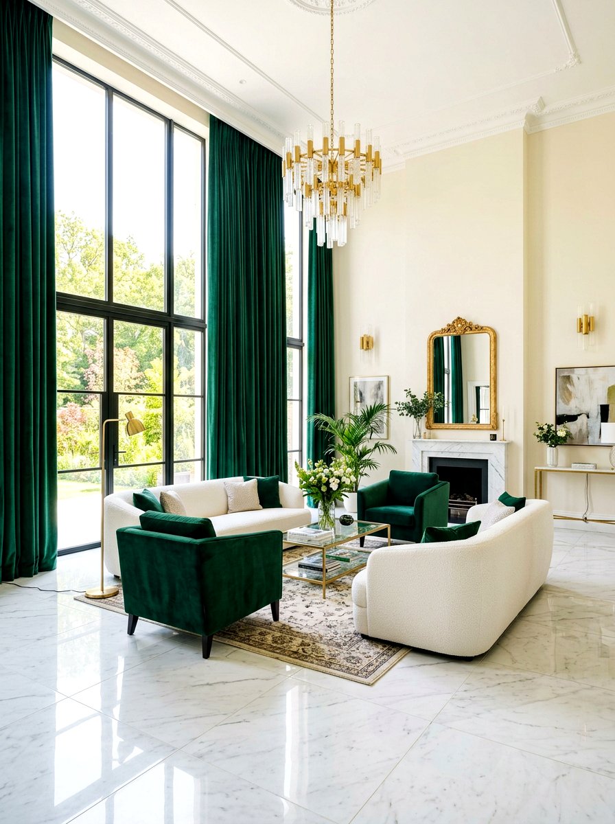 Emerald Green Velvet Curtains - 30 dark green living room ideas