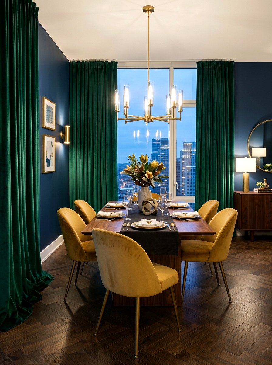 Emerald Green Velvet Dining Curtains - 30 dining room draped curtains ideas