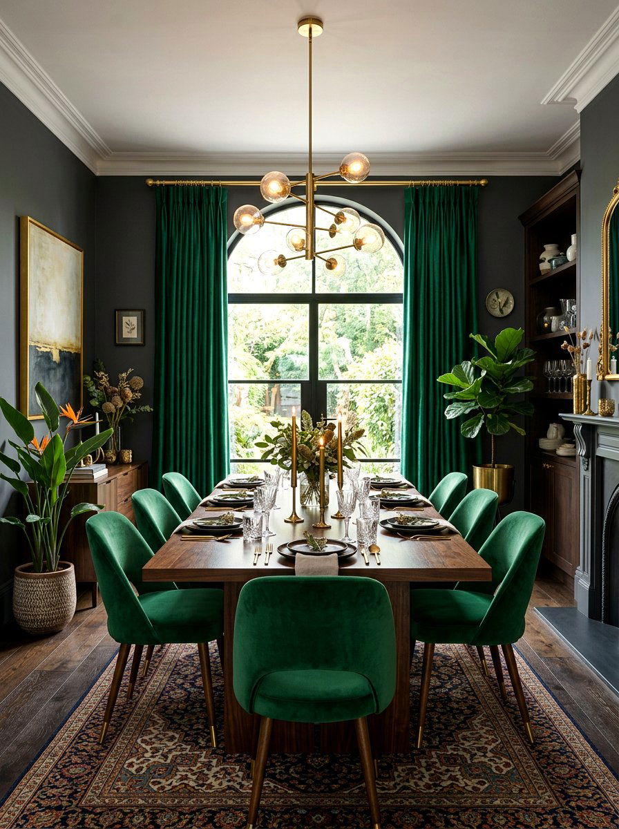 Emerald Green Velvet Drapes - 30 dining room drapery ideas