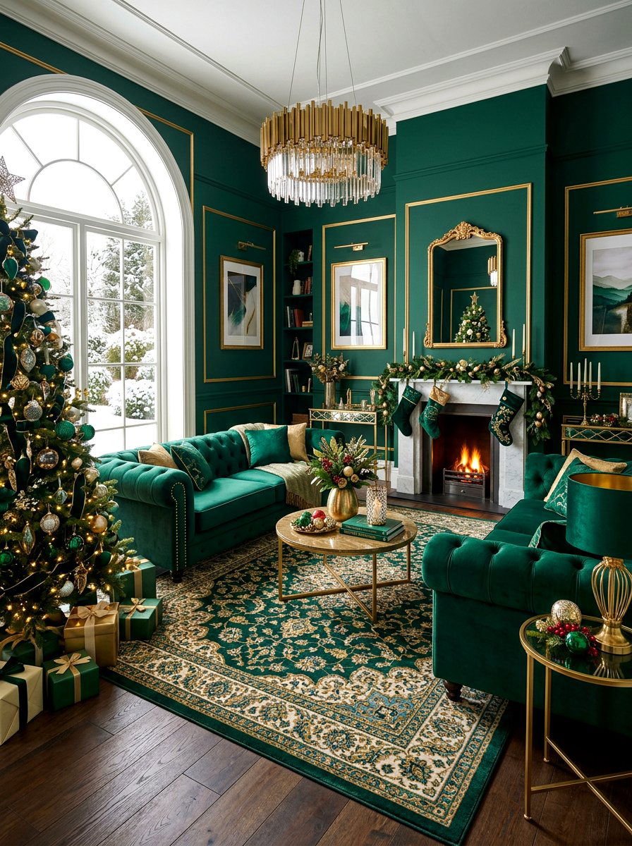 Emerald Green Velvet Living Room - 30 jewel tone holiday decor ideas
