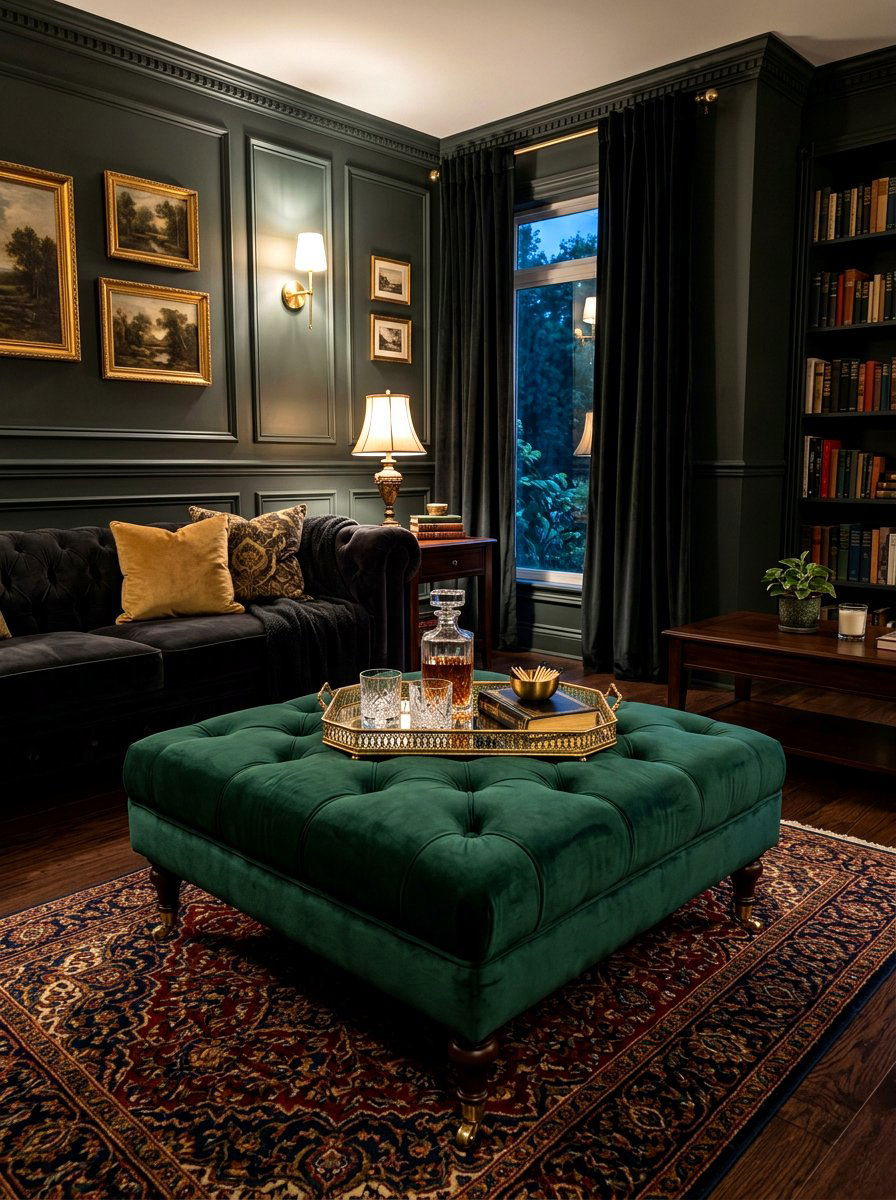 Emerald Green Velvet Ottoman - 30 living room ottoman styling ideas
