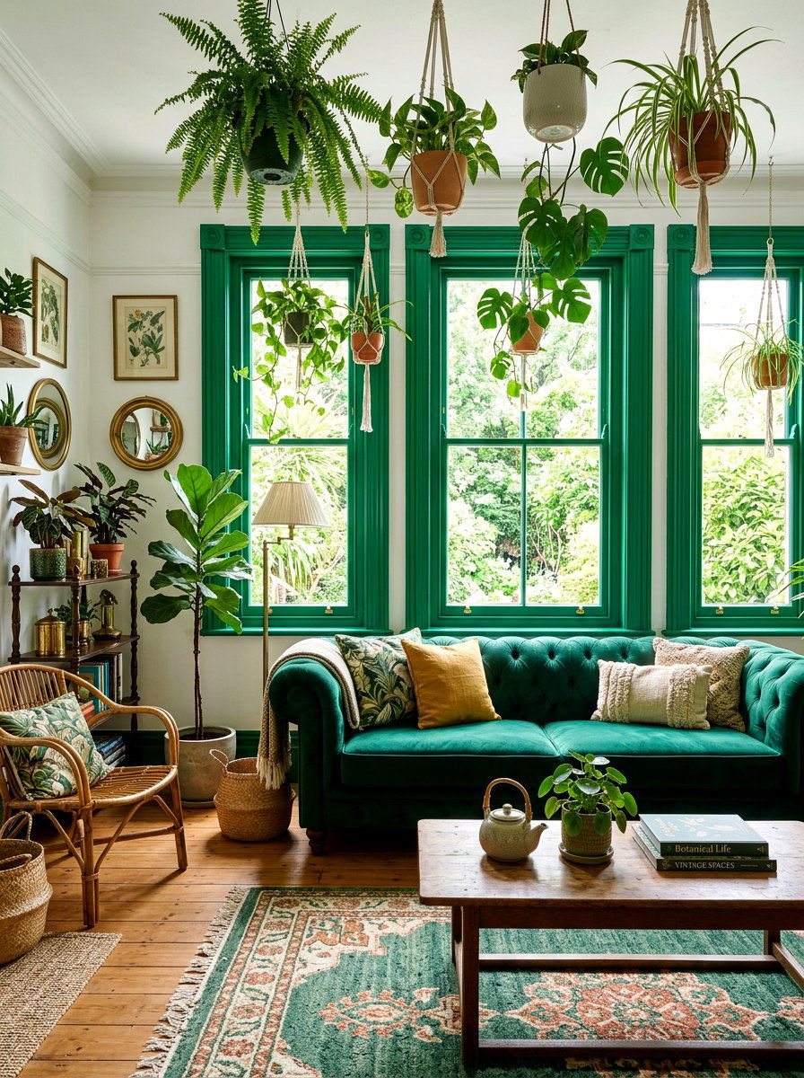 Emerald Green Window Frame Botanical Room - 30 contrast trim wall ideas