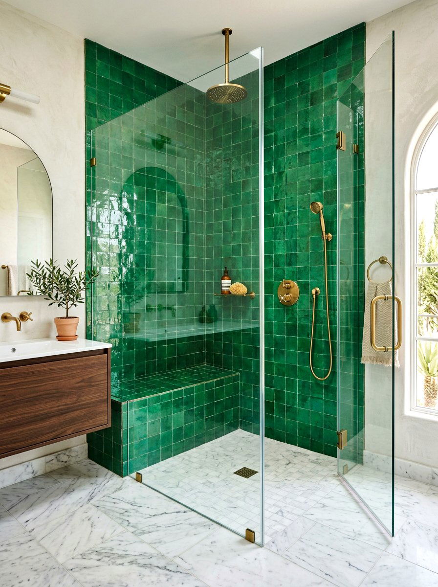 Emerald Green Zellige Shower - 30 colorful bathroom tile ideas