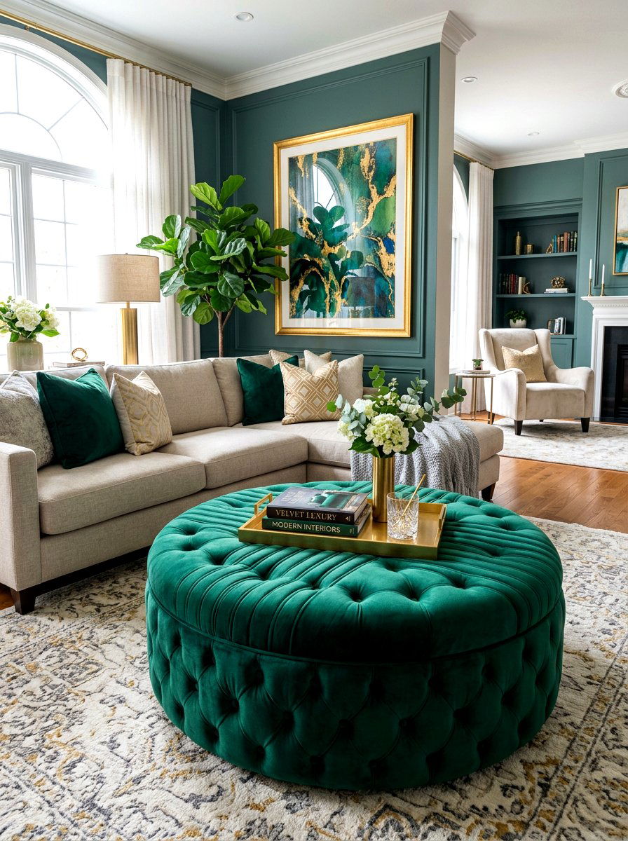 Emerald Velvet Ottoman - 30 jewel tone lounge ideas