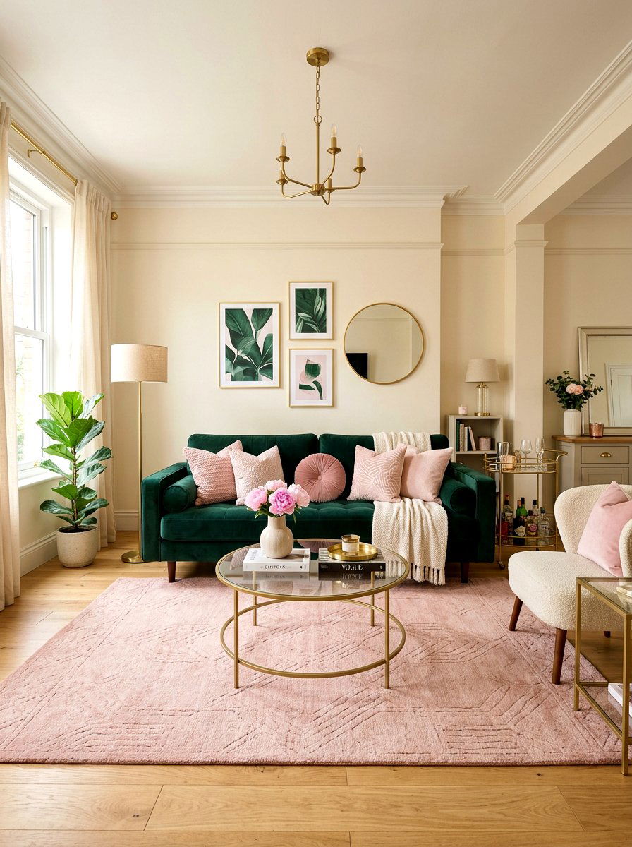 Emerald green and blush pink living room - 30 emerald green living room ideas