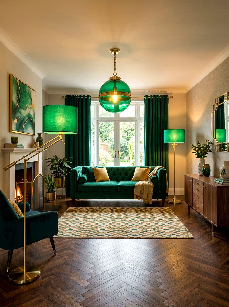Emerald green and brass lighting - 30 emerald green living room ideas
