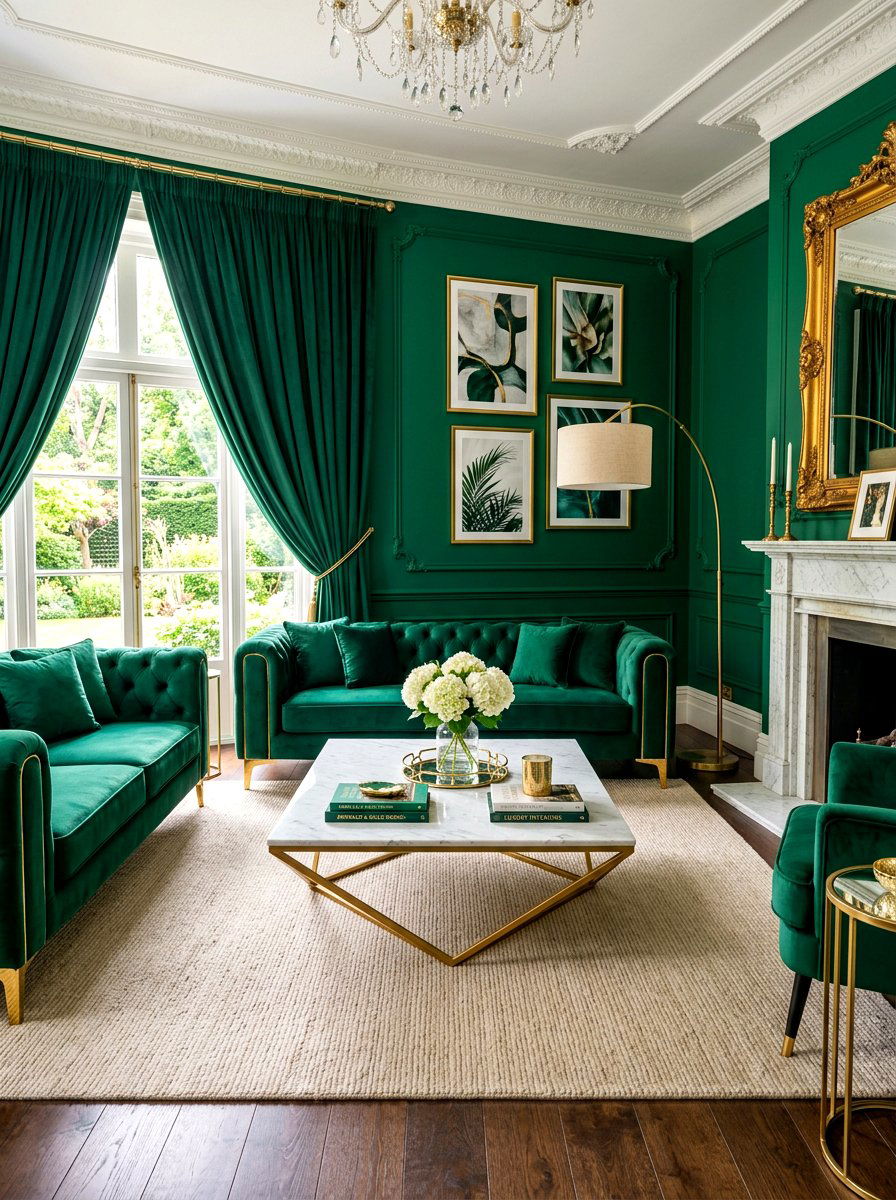 Emerald green and gold decor - 30 emerald green living room ideas
