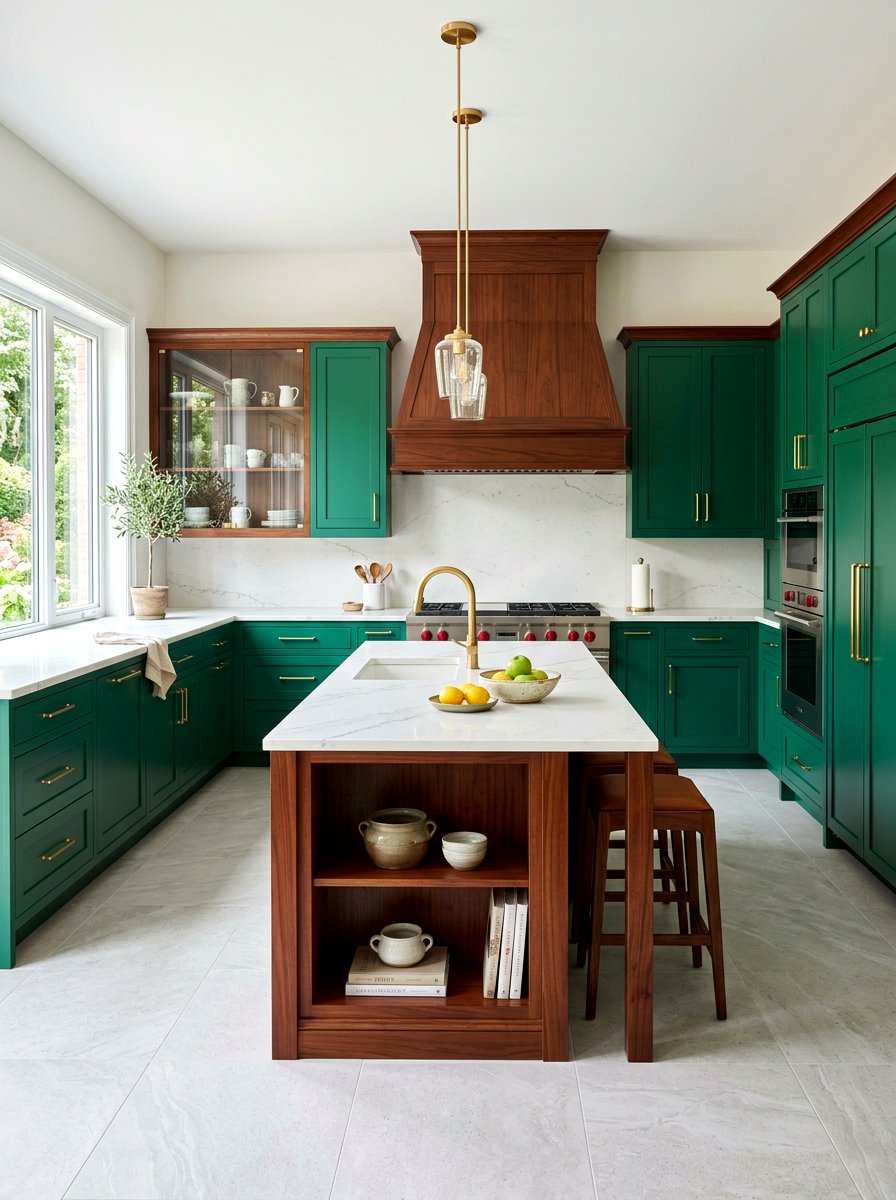 Emerald green and mahogany kitchen - 30 green and wood kitchen ideas
