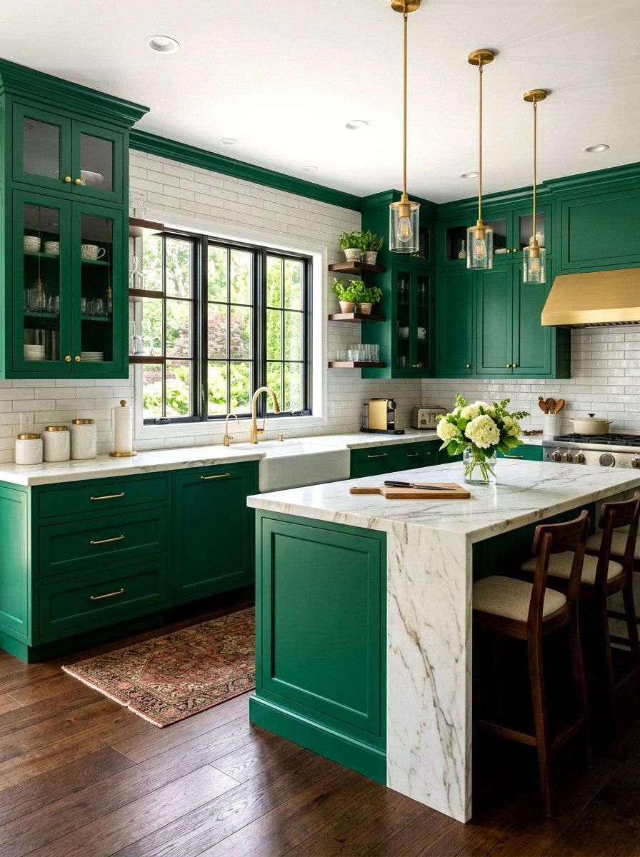 Emerald green and marble kitchen cabinets - 30 kitchen paint cabinet combo ideas