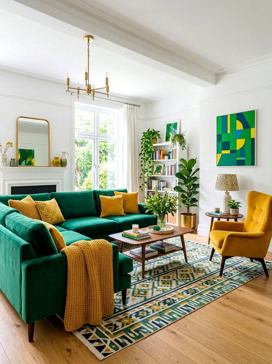 Emerald green and mustard yellow living room - 30 emerald green living room ideas