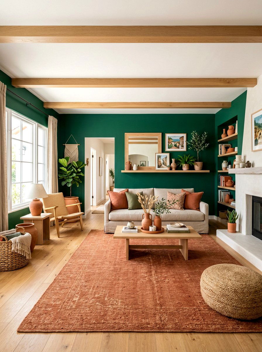 Emerald green and terracotta living room - 30 emerald green living room ideas