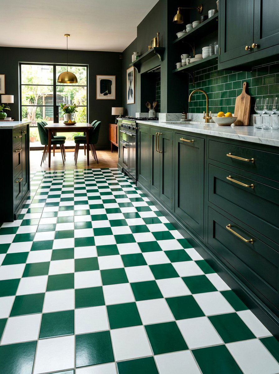 Emerald green checkerboard floor - 30 checkerboard kitchen tile ideas