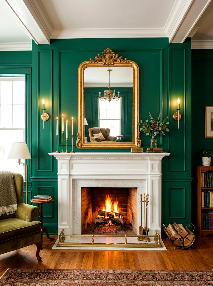 Emerald green fireplace mantel wall - 30 emerald green living room ideas