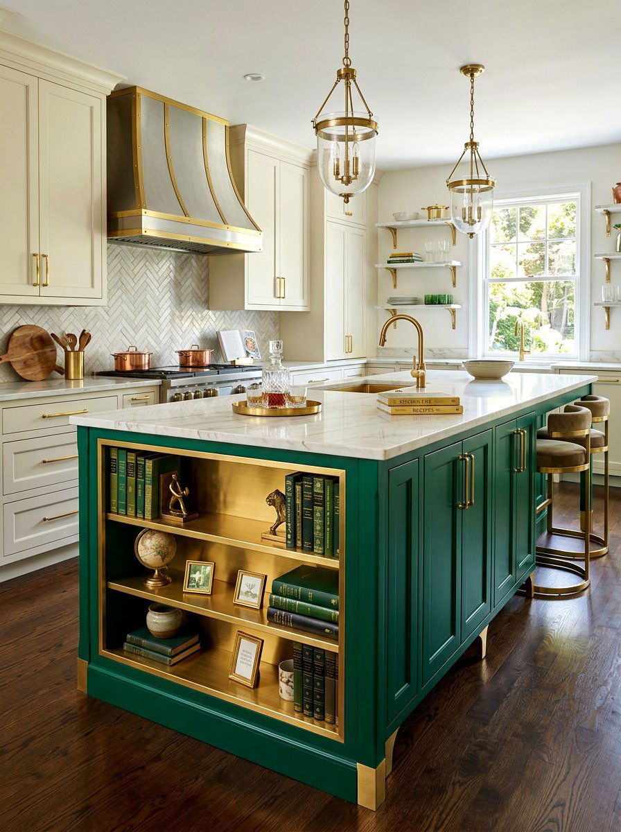 Emerald green island with brass bookshelf - 30 island bookshelf ideas