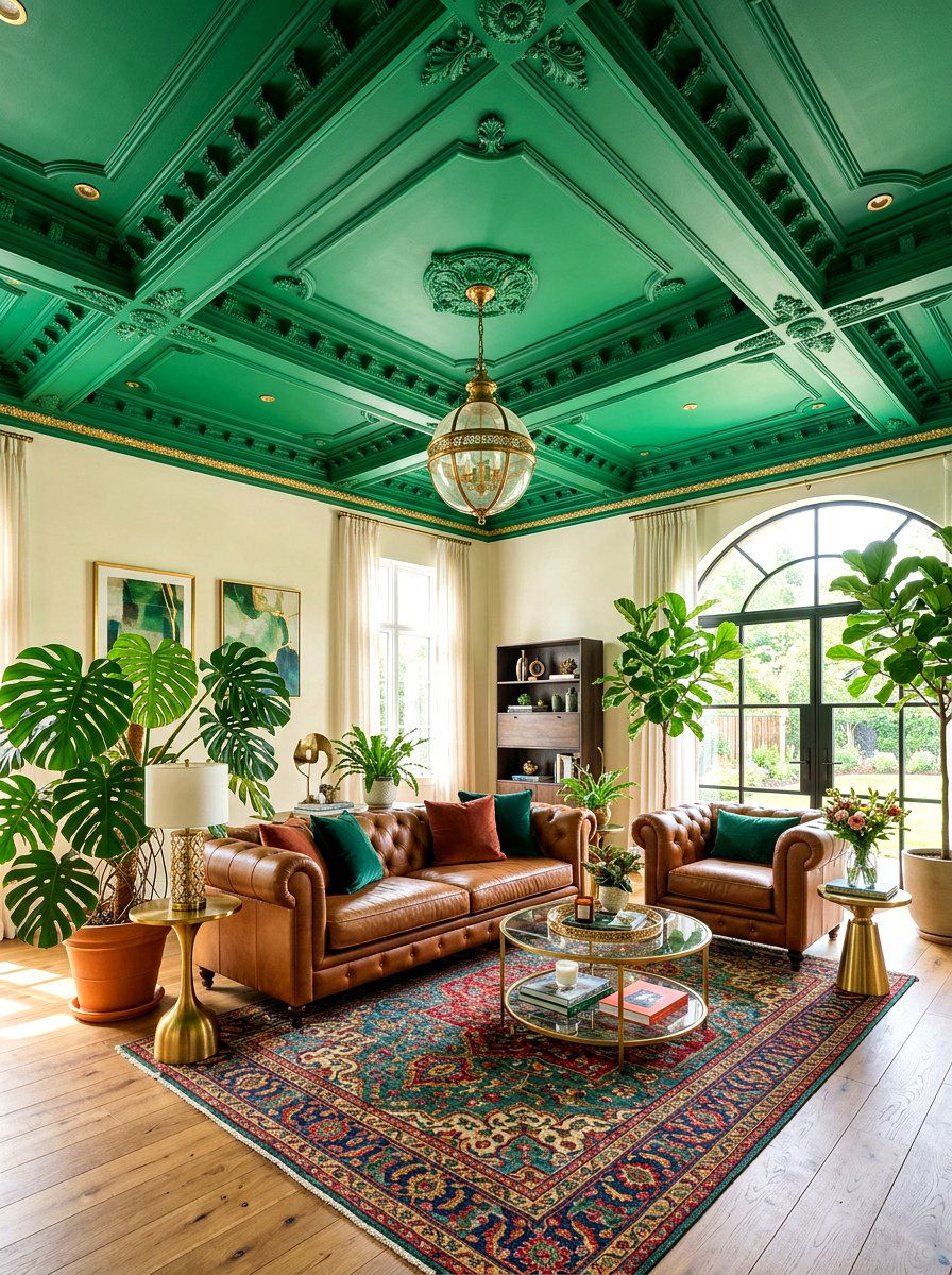 Emerald green living area ceiling - 30 moody ceiling paint ideas