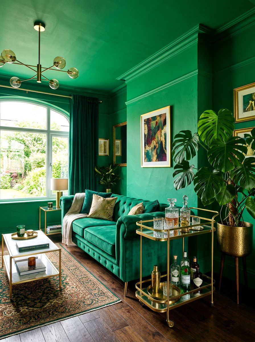 Emerald green living room - 30 color drench living room ideas