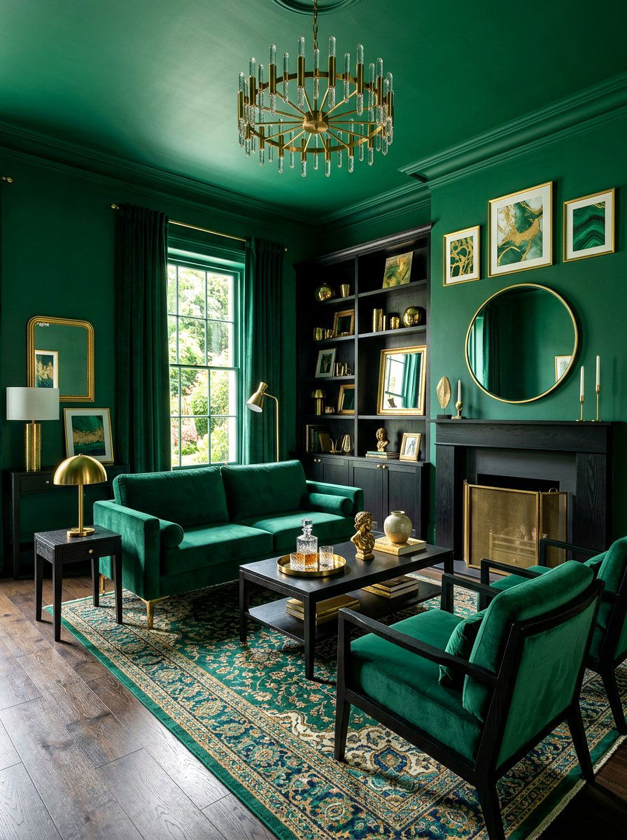 Emerald green living room - 30 moody fall living room ideas