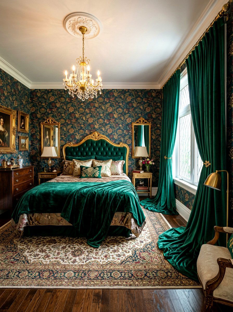 Emerald green puddled curtains - 30 puddled curtains bedroom ideas