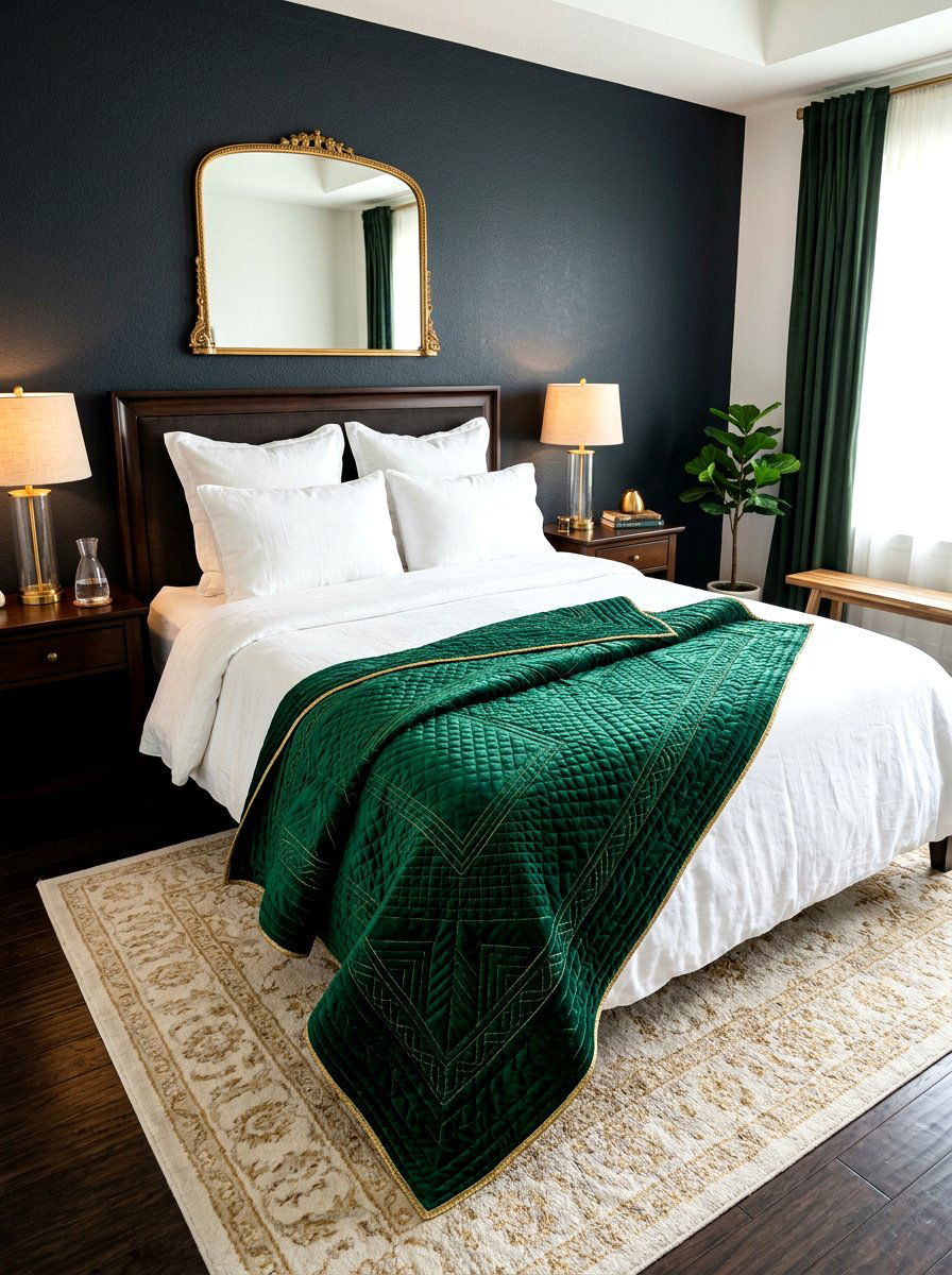 Emerald green quilt - 30 luxury bedscape ideas