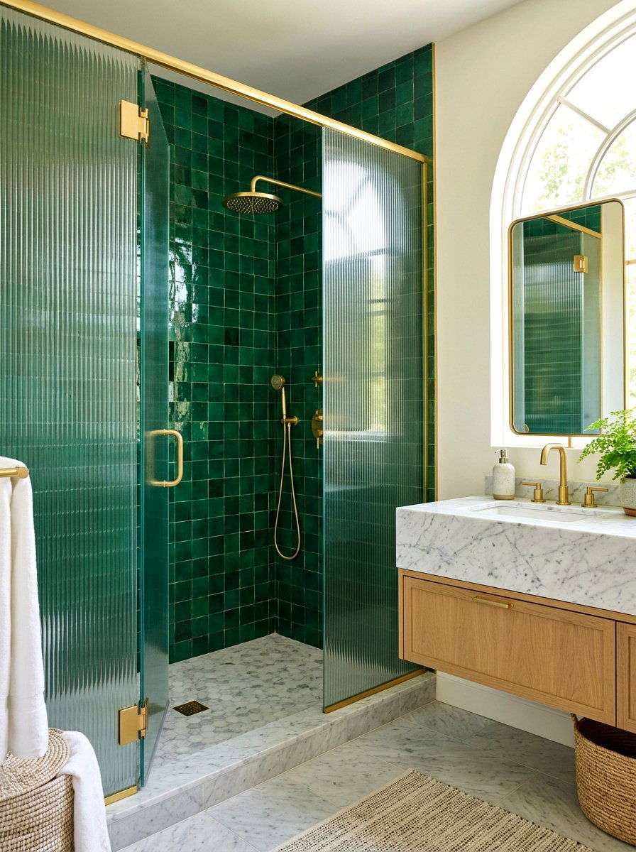 Emerald green tile ribbed glass shower - 30 ribbed glass shower ideas