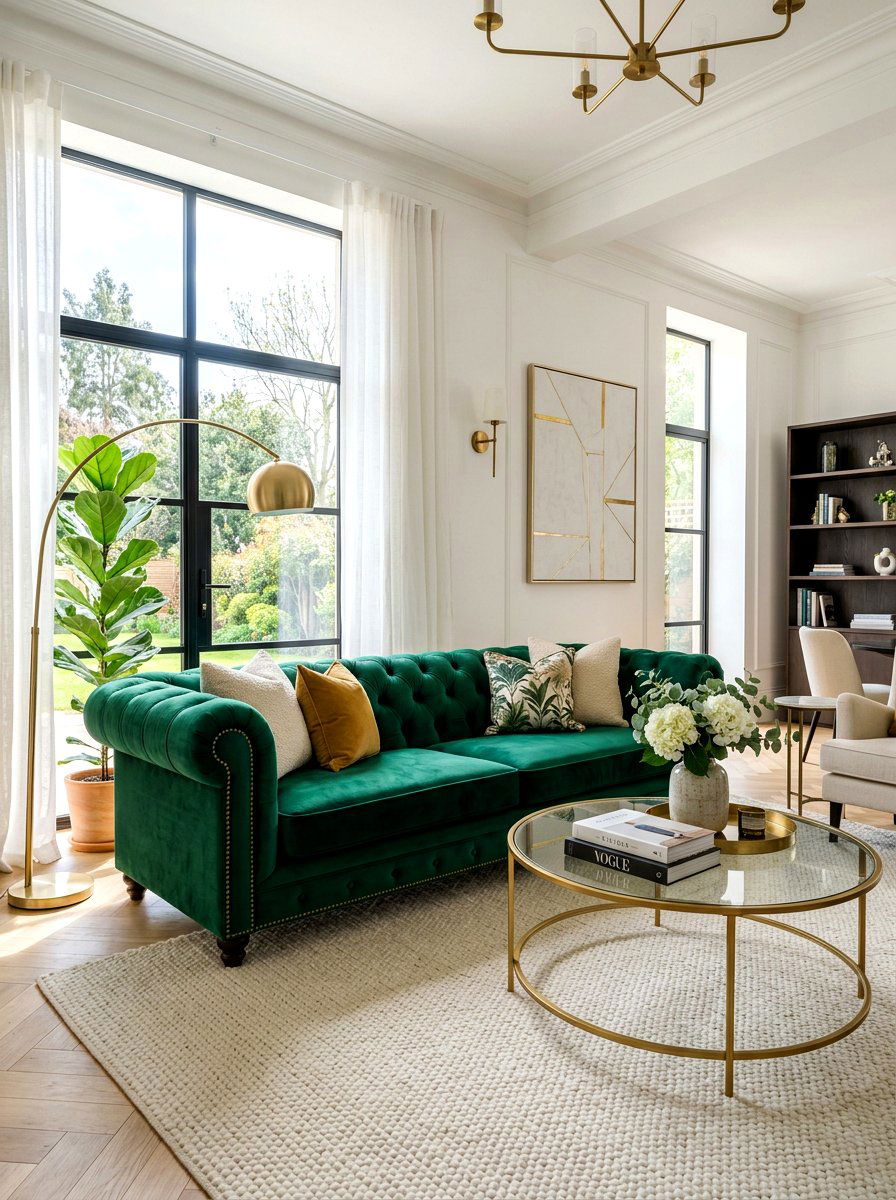 Emerald green velvet sofa - 30 emerald green living room ideas