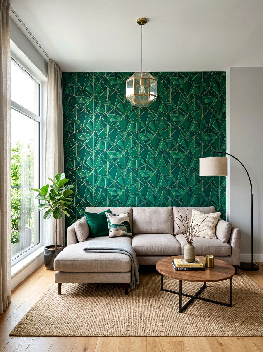 Emerald green wallpaper accent wall - 30 emerald green living room ideas